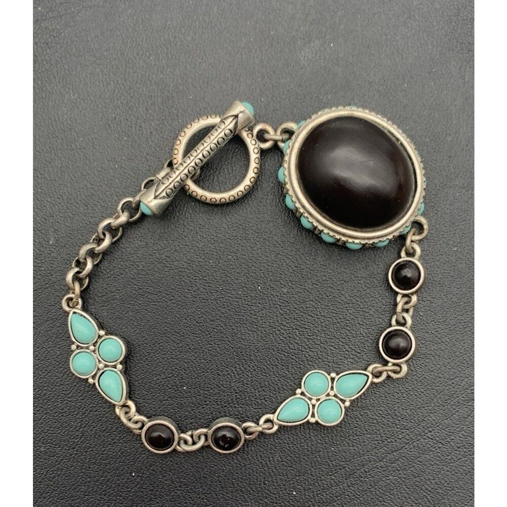 Faux Turquoise & Black Western Boho Etched Silver Tone Link Toggle Bracelet
